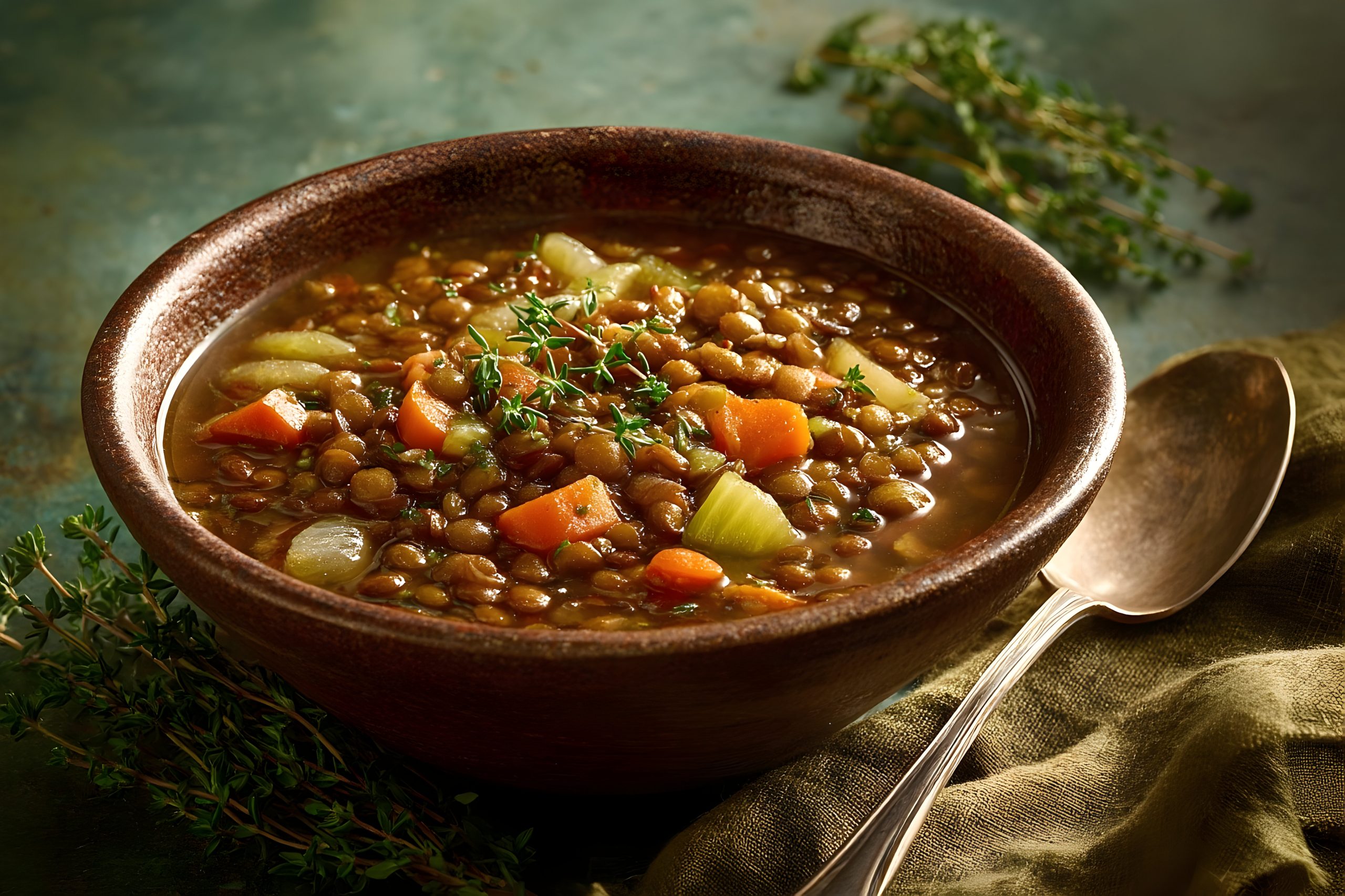 Bowl of hearty lentil soup with carrots