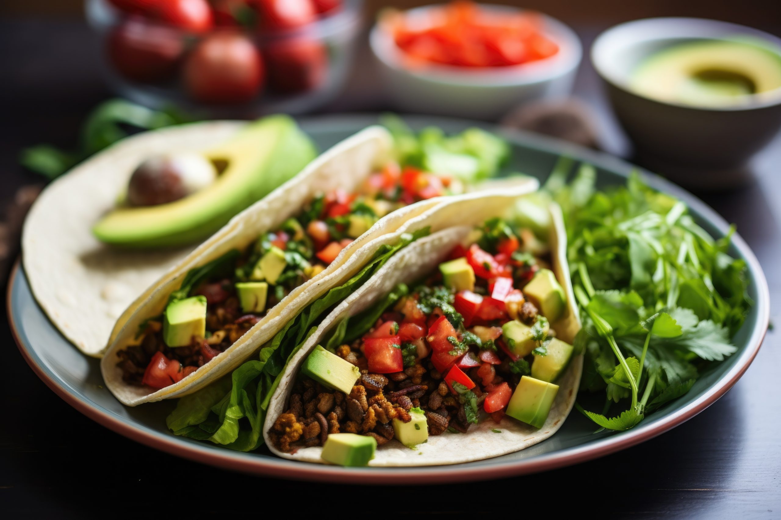 Lentil and beef tacos in shells with lettuce and cheese